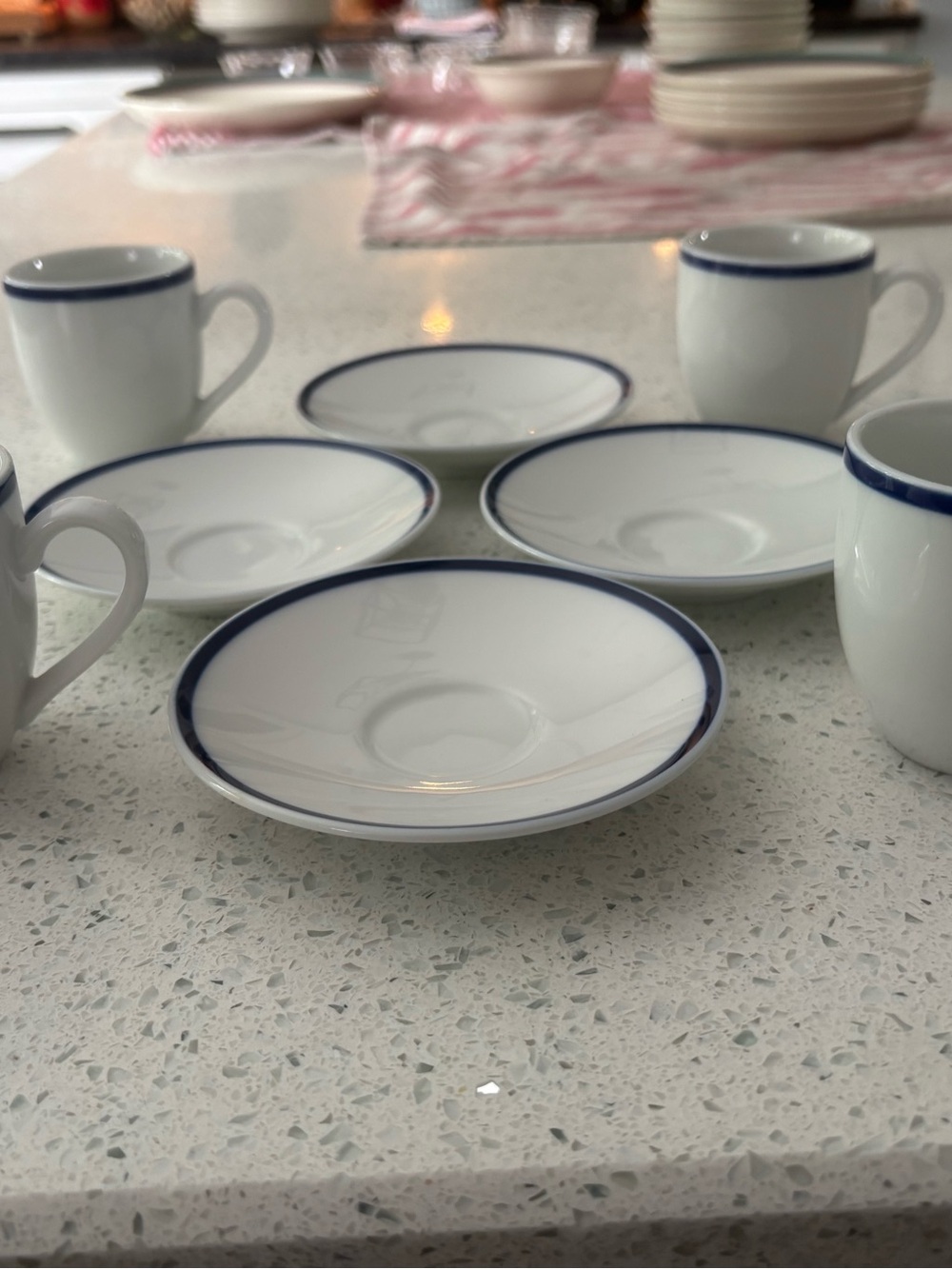 Vintage Williams Sonoma Brasserie Blue Band Demitasse 4 Espresso Cups & Saucers - Picture 5 of 11